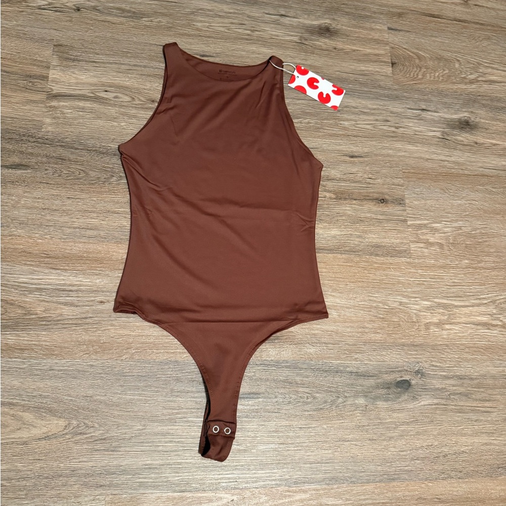 Cyanatyle Brown Sleeveless high neck double line Bodysuit Sm
